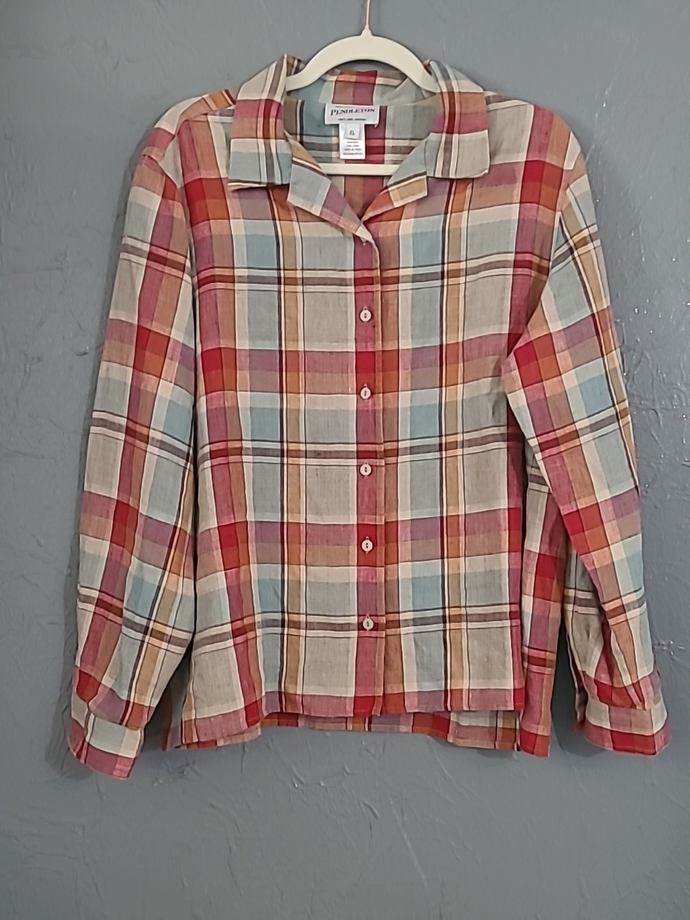 PENDELTON Linen Plaid Long Sleeve Button Down Collared Shirt Size XL